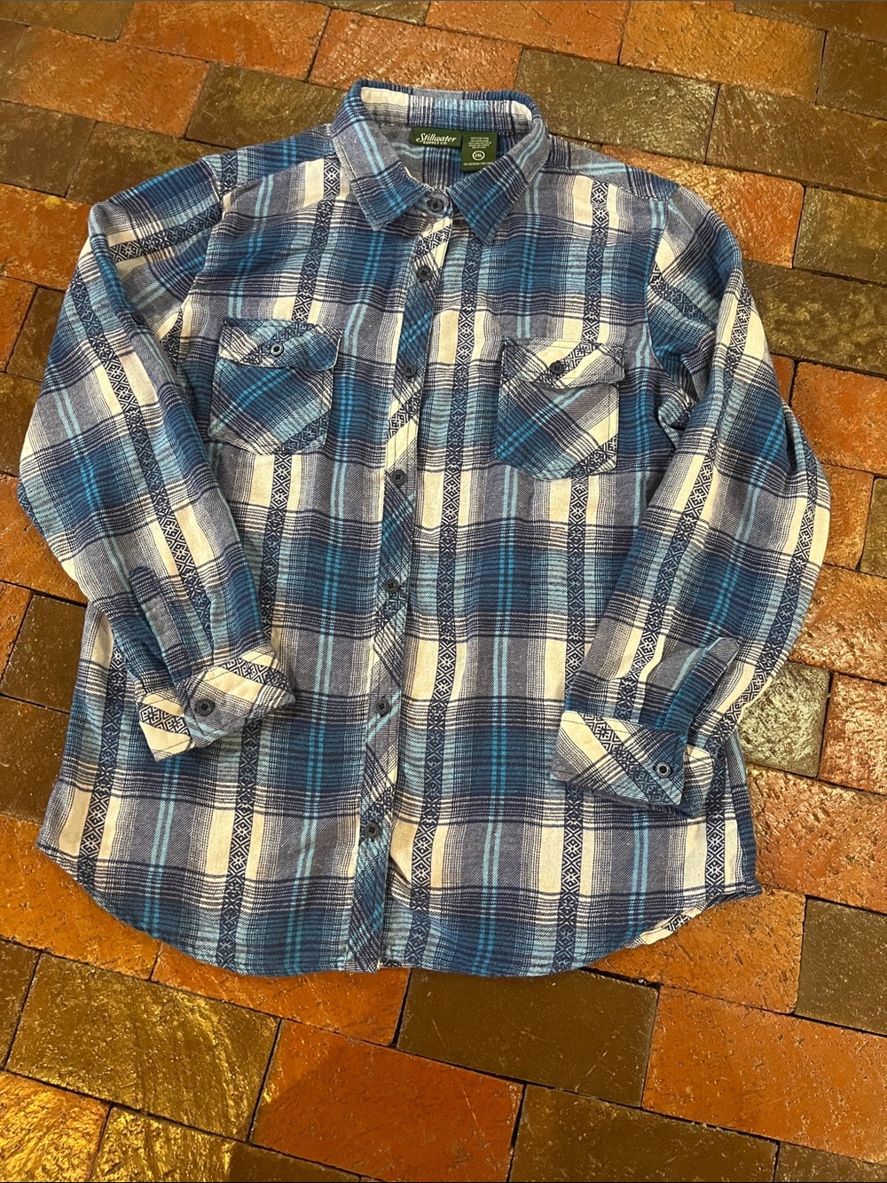 WOMEN 2XL STILLWATER button up long sleeve flannel blue plaid shirt 3037